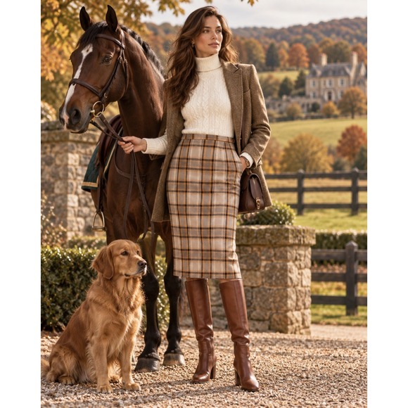 Dresses & Skirts - Vintage 70s Garland Plaid Wool Midi Pencil Skirt Tan Brown Orange High Waist M